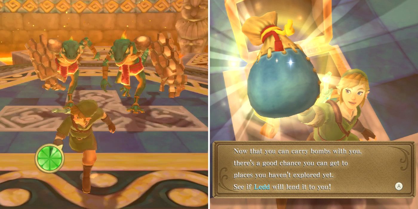 Obtaining the Bomb Bag item in the Earth Temple in The Legend of Zelda: Skyward Sword HD