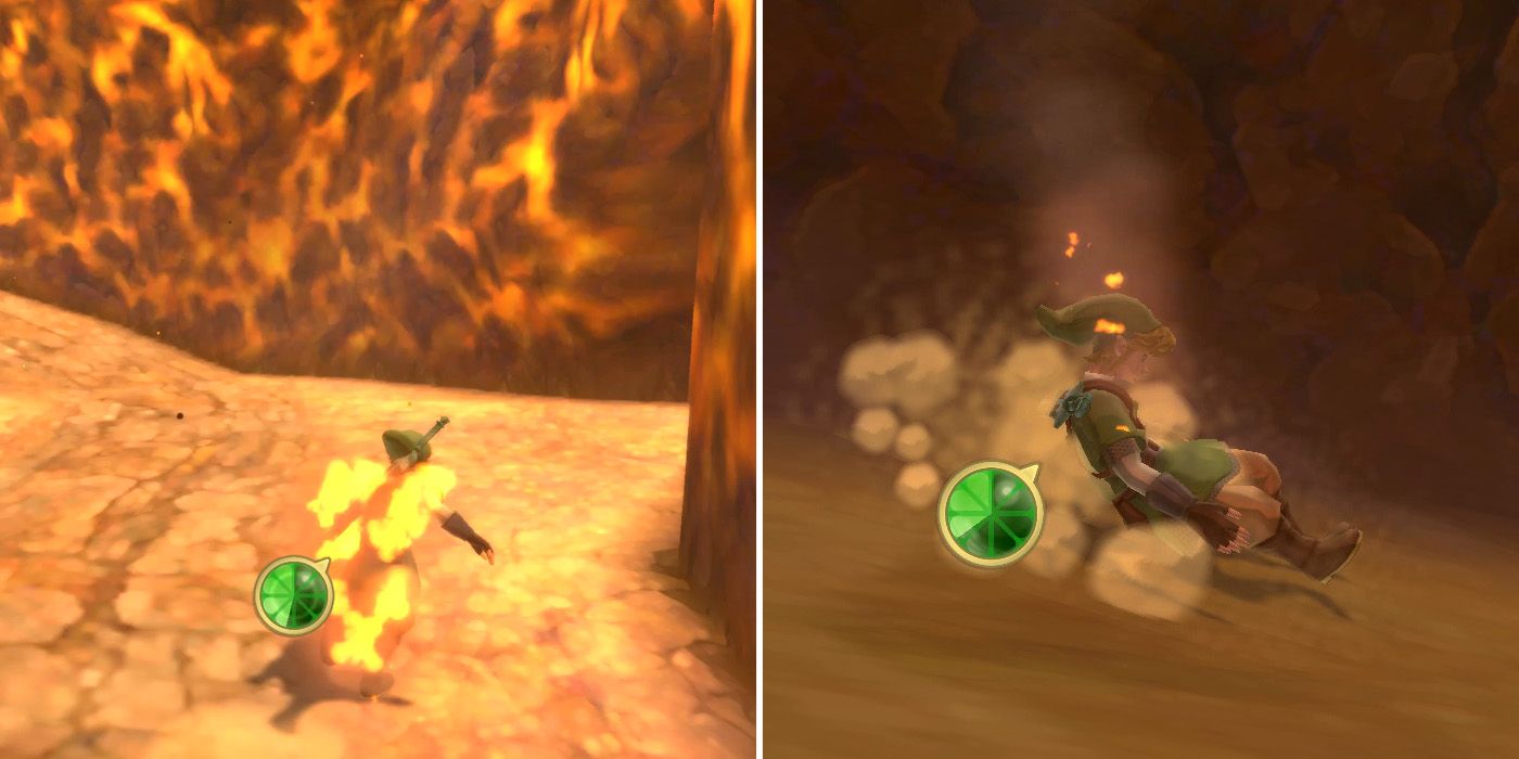 Running through the fiery cavern in The Legend of Zelda: Skyward Sword HD