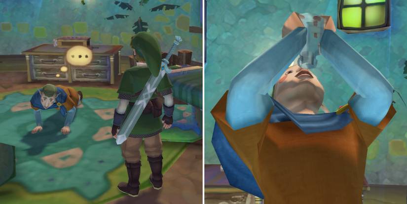 Giving Fledge a second bottle of stamina potion during the Fledge's Workout side quest in The Legend of Zelda: Skyward Sword HD