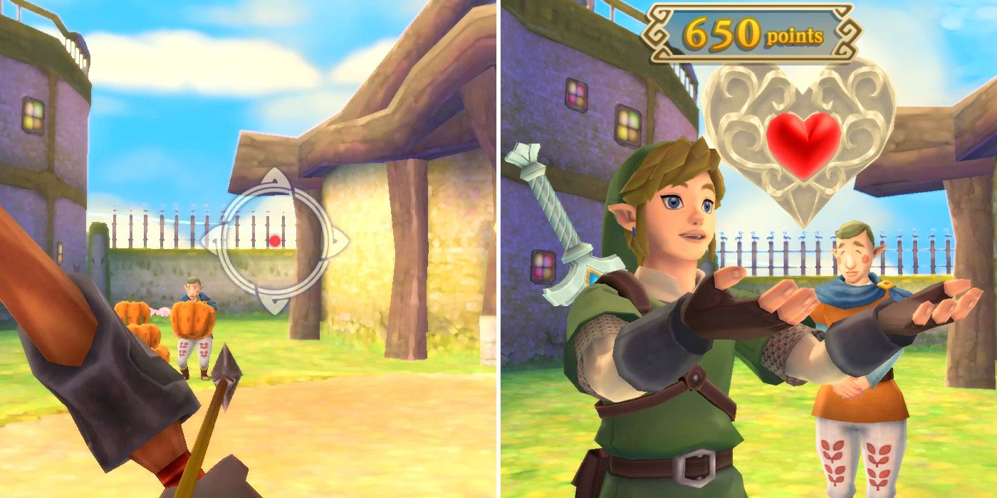 Winning a heart piece after achieving a score over 600 in the Pumpkin Pull mini-game in The Legend of Zelda: Skyward Sword HD