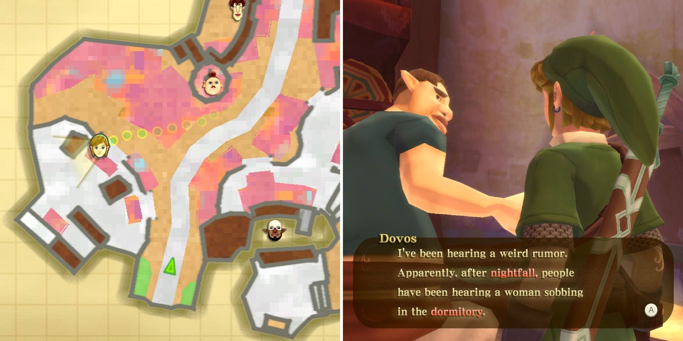 Speaking to Dovos as part of the Haunted Restroom side quest in The Legend of Zelda: Skyward Sword HD