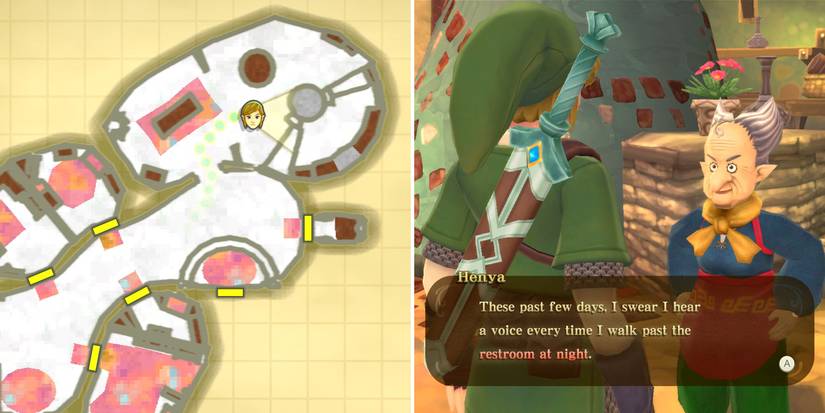 Speaking to Henya as part of the Haunted Restroom side quest in The Legend of Zelda: Skyward Sword HD