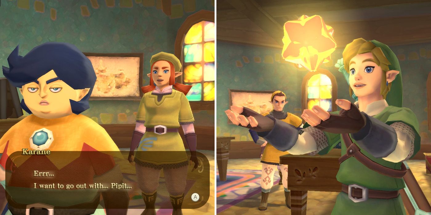 Karane chooses Pipit in the Haunted Restroom side quest in The Legend of Zelda: Skyward Sword HD