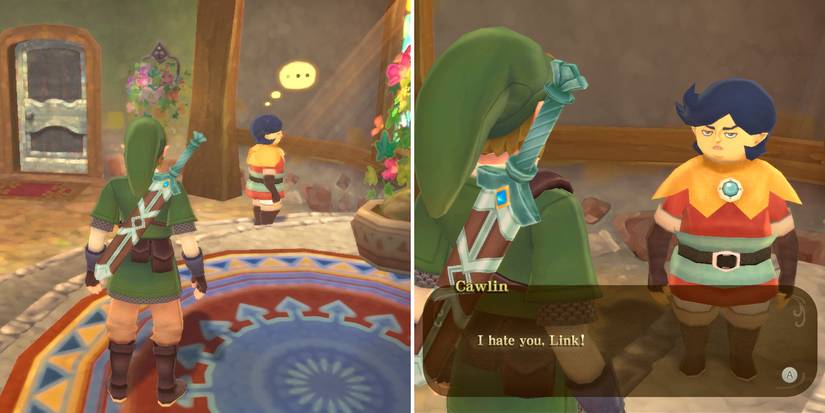 Cawlin hates Link in the Haunted Restroom side quest in The Legend of Zelda: Skyward Sword HD