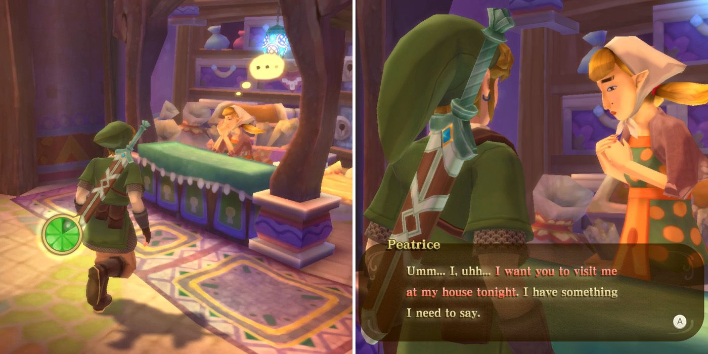 Peatrice asks Link to visit her house at night as part of the Item Check Crush side quest in The Legend of Zelda: Skyward Sword HD
