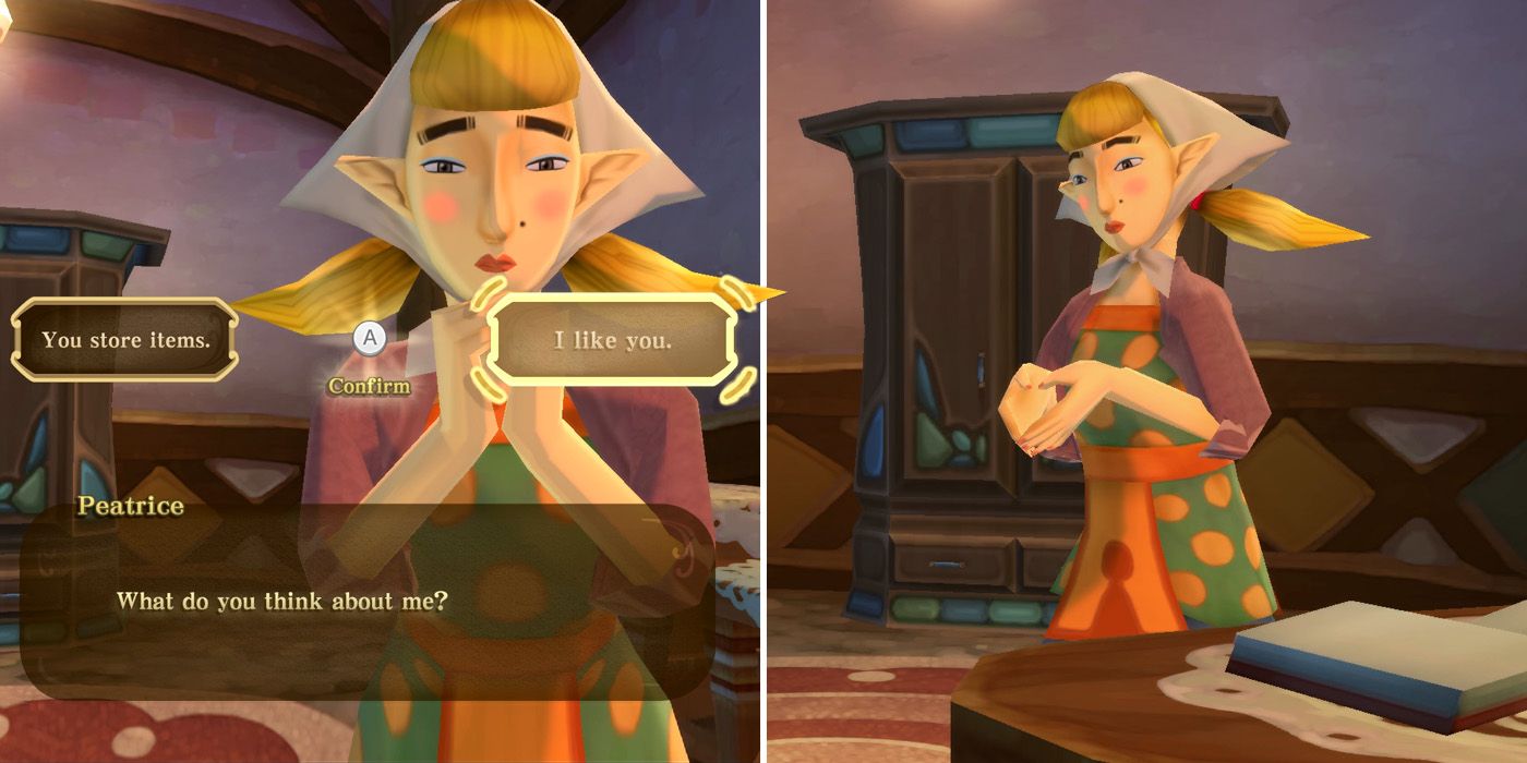 Link professes his love for Peatrice during the Item Check Crush side quest in The Legend of Zelda: Skyward Sword HD