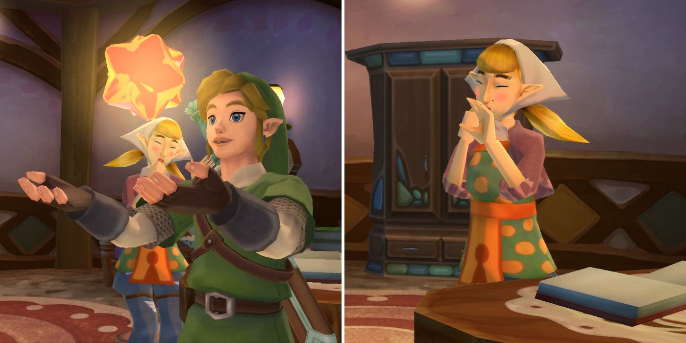 Peatrice gives Link some Gratitude Crystals at the end of the Item Check Crush side quest in The Legend of Zelda: Skyward Sword HD