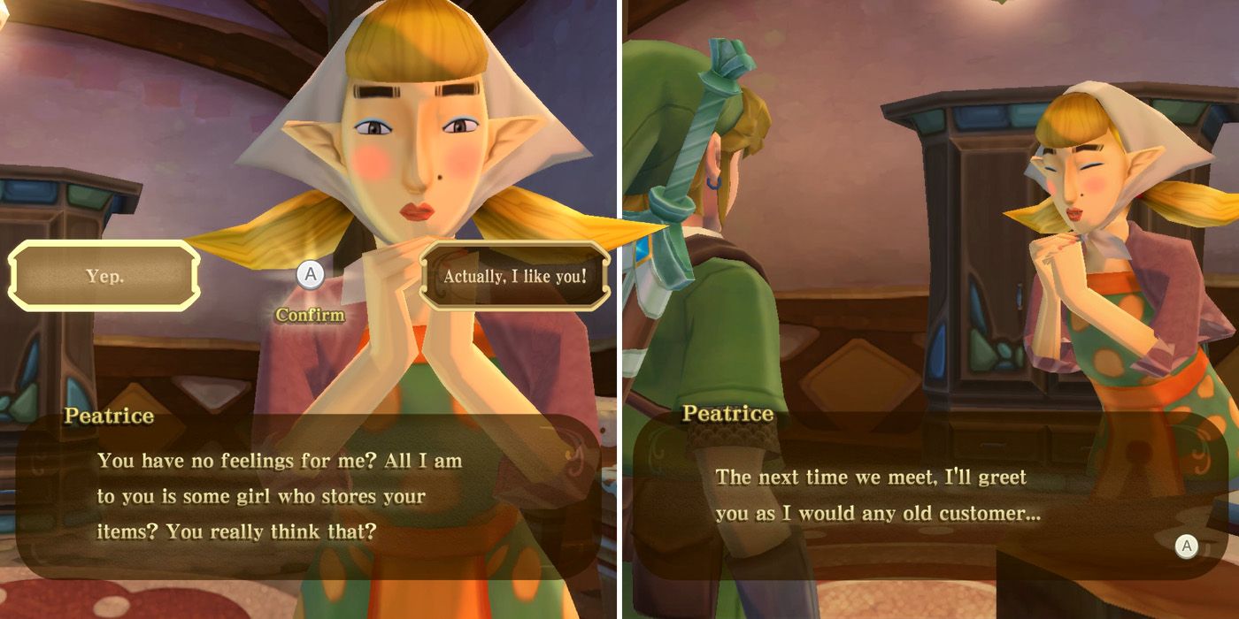 Link breaks Peatrice's heart during the Item Check Crush side quest in The Legend of Zelda: Skyward Sword HD