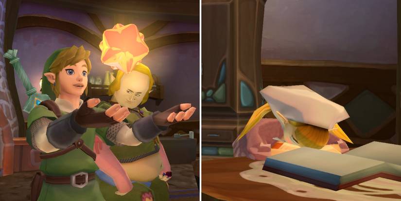 Peater gives Link some Gratitude Crystals at the end of the Item Check Crush side quest in The Legend of Zelda: Skyward Sword HD