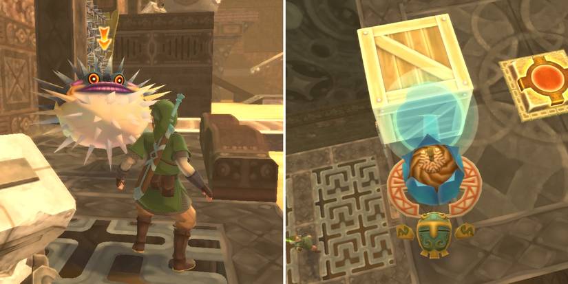 Blowing up a wooden crate with the beetle in the Lanayru Mining Facility dungeon in The Legend of Zelda: Skyward Sword HD