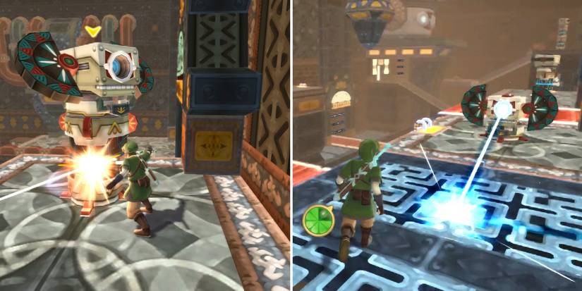 Destroying a Beamos in the Lanayru Mining Facility dungeon in The Legend of Zelda: Skyward Sword HD