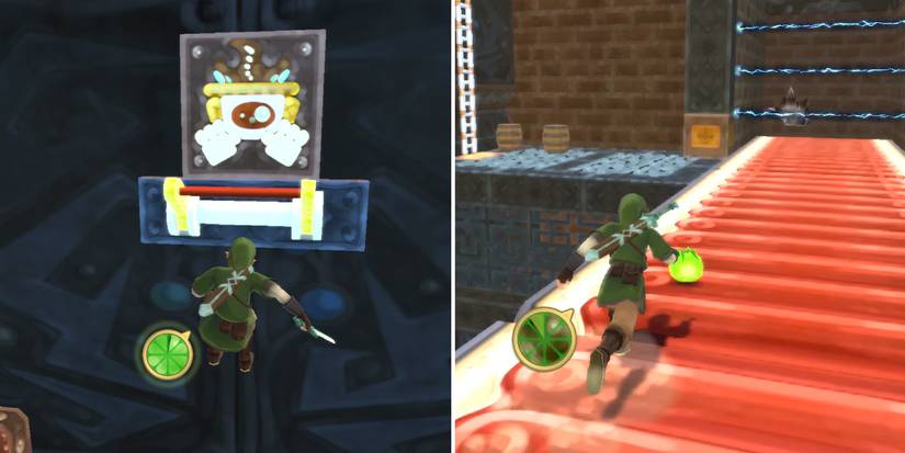 Pulling a lever in the Lanayru Mining Facility dungeon in The Legend of Zelda: Skyward Sword HD