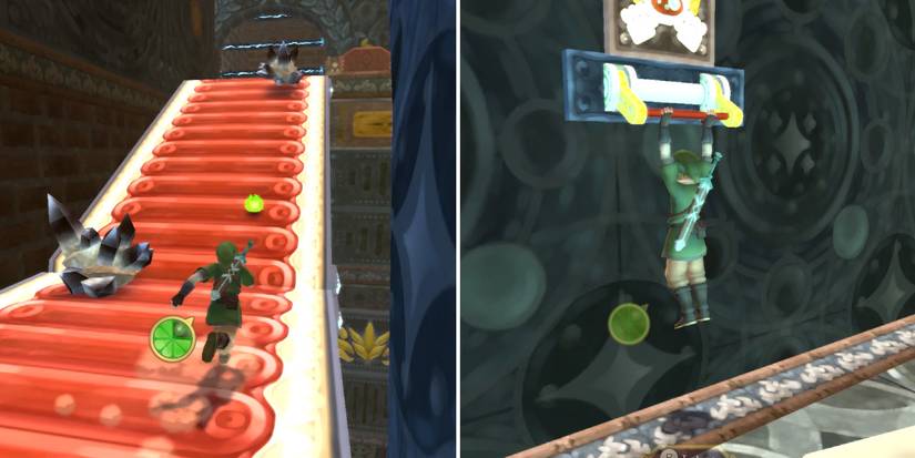 Crossing a moving conveyor belt in the Lanayru Mining Facility dungeon in The Legend of Zelda: Skyward Sword HD