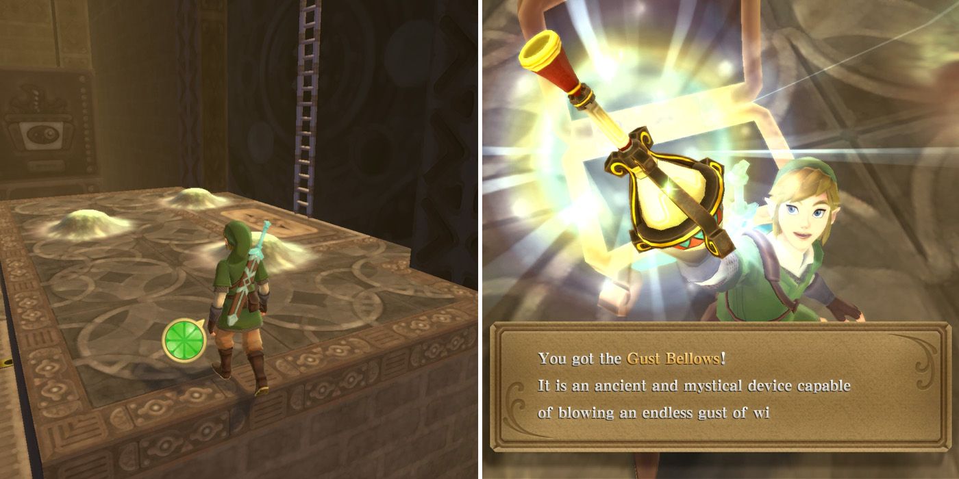 Obtaining the Gust Bellows in the Lanayru Mining Facility dungeon in The Legend of Zelda: Skyward Sword HD