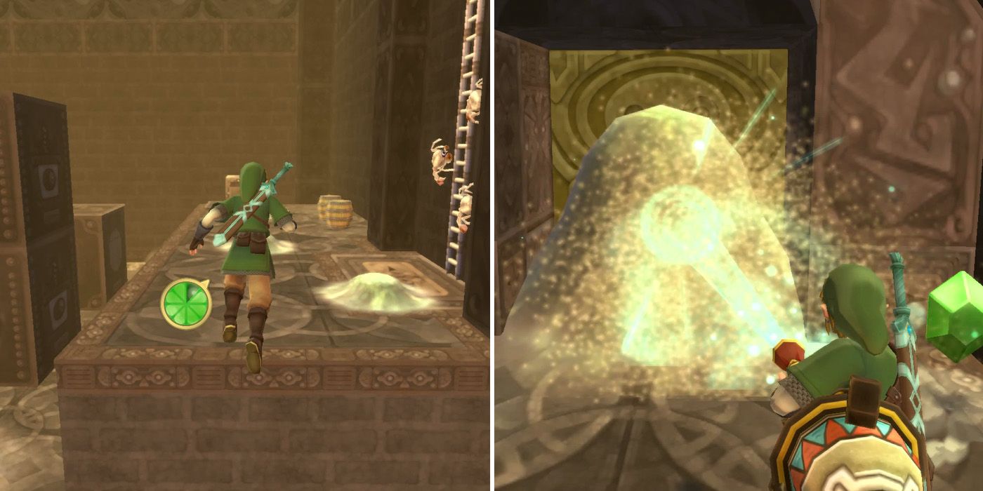 Clearing a giant sand pile in the Lanayru Mining Facility dungeon in The Legend of Zelda: Skyward Sword HD