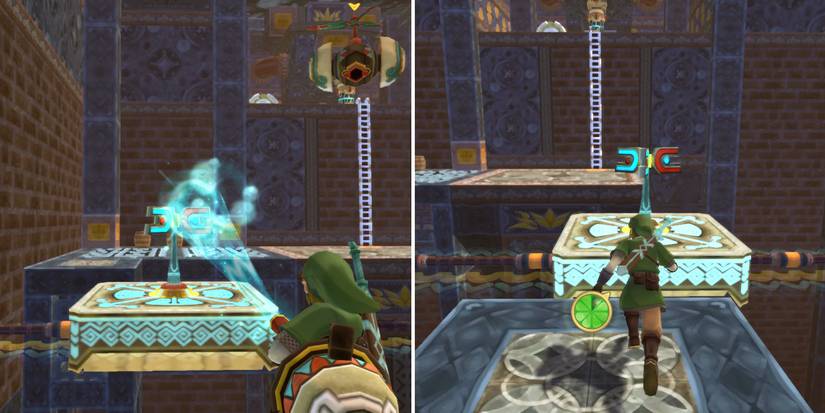 Riding the turbine platforms in the Lanayru Mining Facility dungeon in The Legend of Zelda: Skyward Sword HD