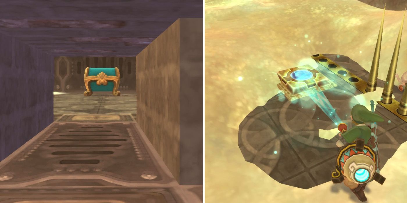 Finding the floor tile in the sand-filled room in the Lanayru Mining Facility dungeon in The Legend of Zelda: Skyward Sword HD