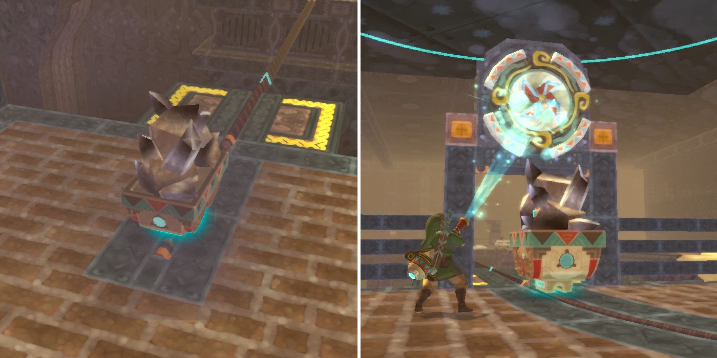 Following a minecart in the Lanayru Mining Facility dungeon in The Legend of Zelda: Skyward Sword HD