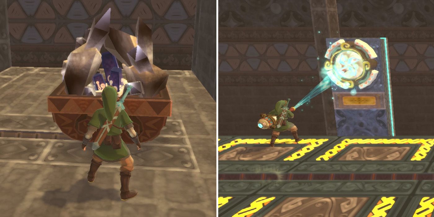Escorting a minecart with a Timeshift Crystal in it in the Lanayru Mining Facility dungeon in The Legend of Zelda: Skyward Sword HD
