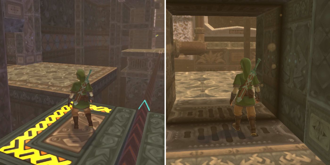 Heading through the pinwheel door in the Lanayru Mining Facility dungeon in The Legend of Zelda: Skyward Sword HD