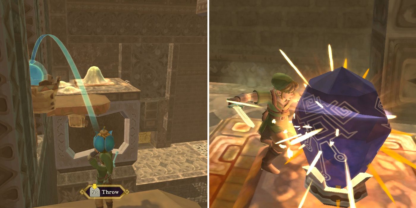 Activating a timeshift crystal in the Lanayru Mining Facility dungeon in The Legend of Zelda: Skyward Sword HD