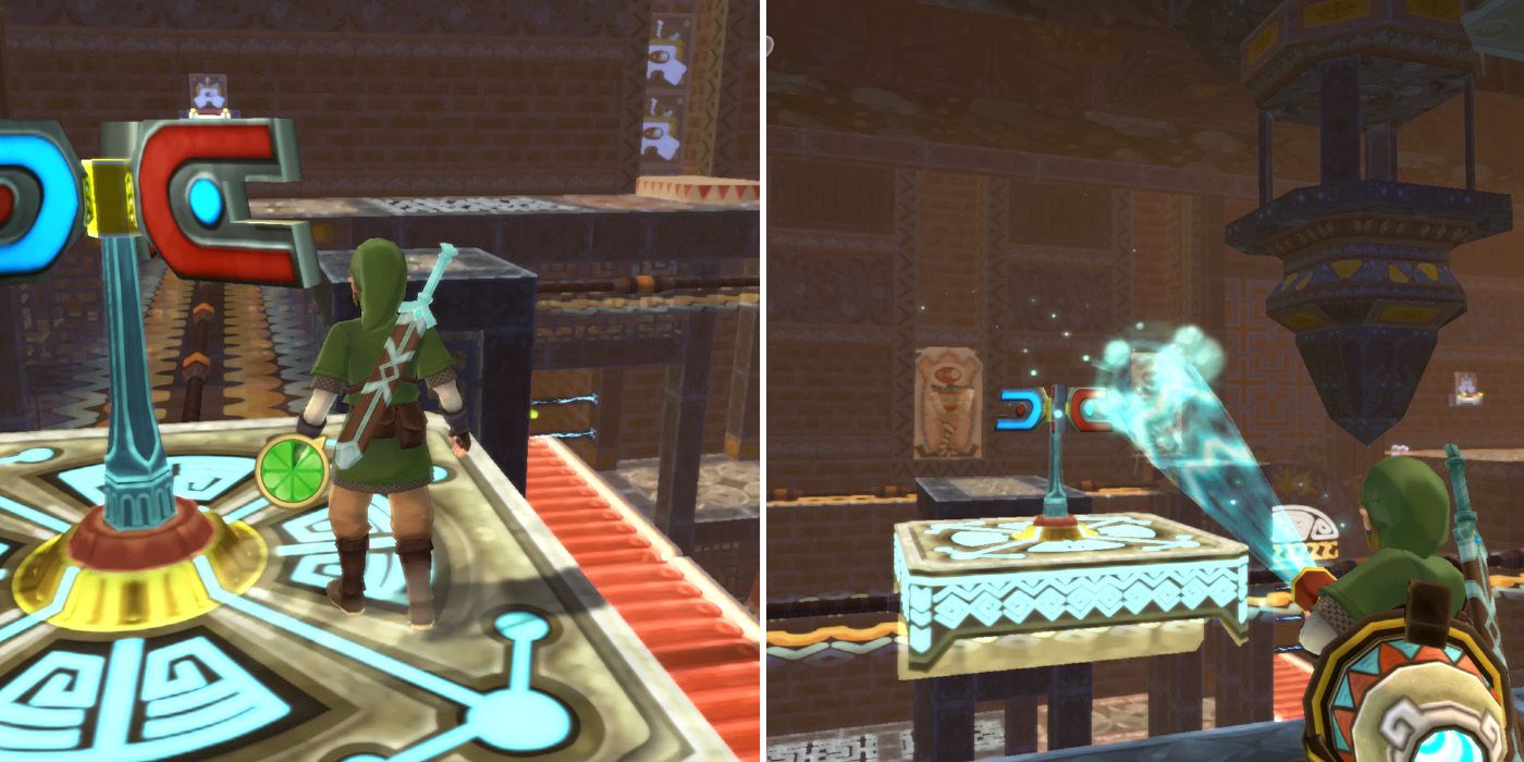 Traveling on turbine platforms in the Lanayru Mining Facility dungeon in The Legend of Zelda: Skyward Sword HD