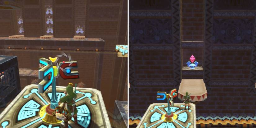 Hitting the red crystals in the Lanayru Mining Facility dungeon in The Legend of Zelda: Skyward Sword HD