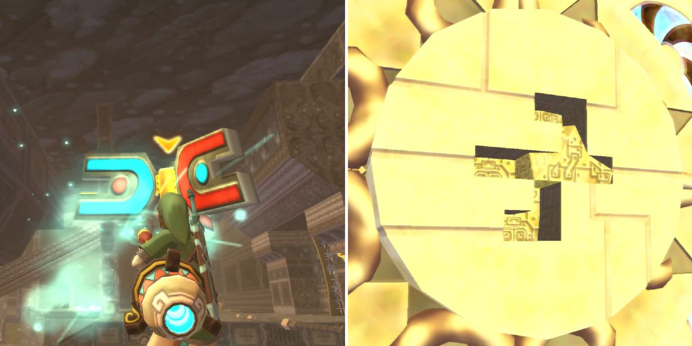 Opening the boss door in the Lanayru Mining Facility dungeon in The Legend of Zelda: Skyward Sword HD