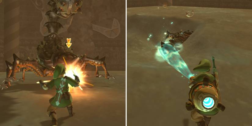 The closing stages of the Moldarach boss battle in the Lanayru Mining Facility dungeon in The Legend of Zelda: Skyward Sword HD