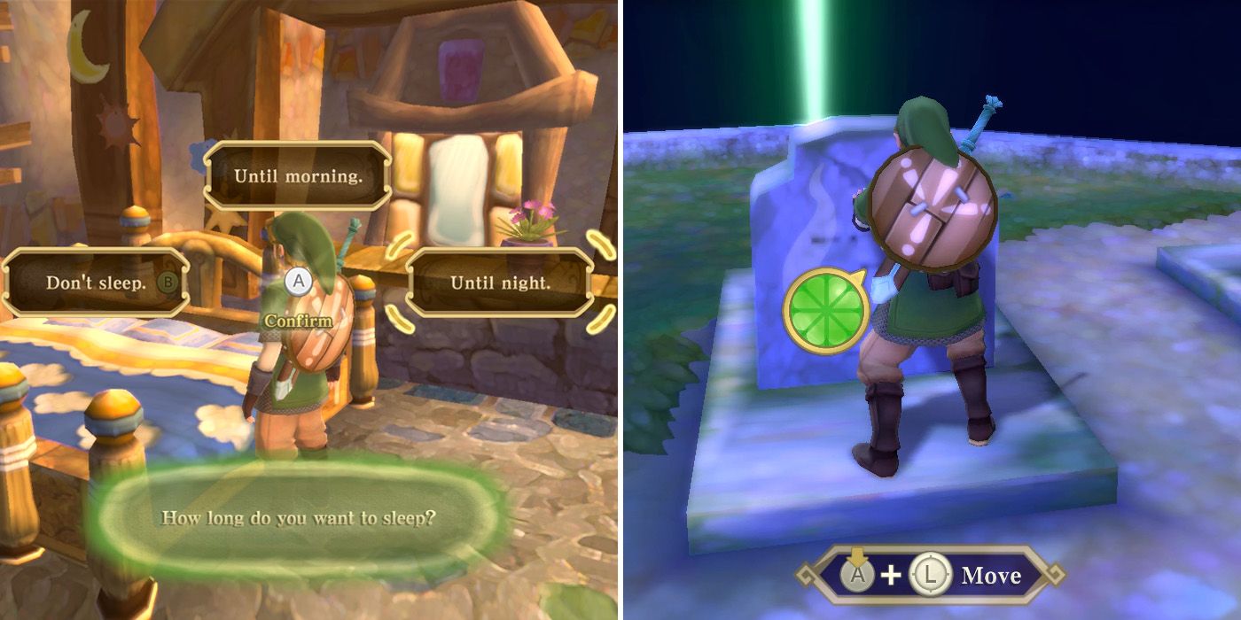Sleeping and then moving the grave stone as part of the Lost Child side quest in The Legend of Zelda: Skyward Sword HD