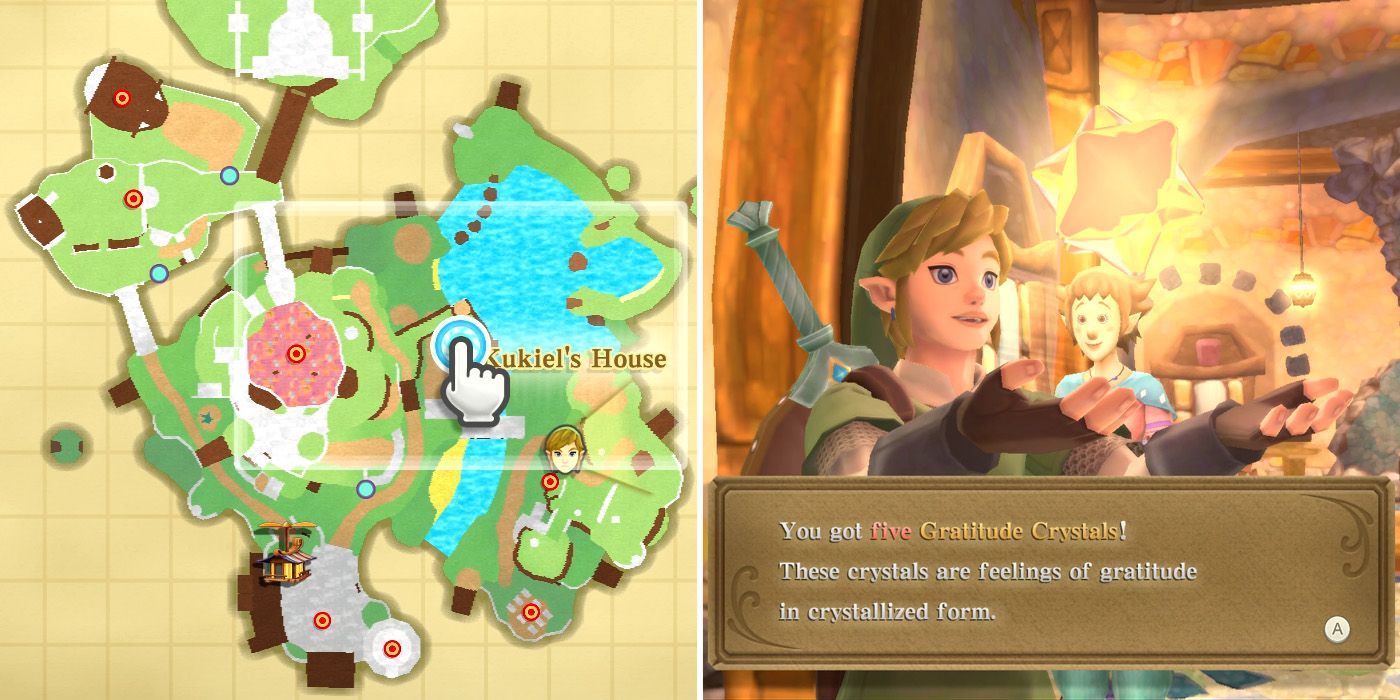 Receiving five Gratitude Crystals for completing the Lost Child side quest in The Legend of Zelda: Skyward Sword HD