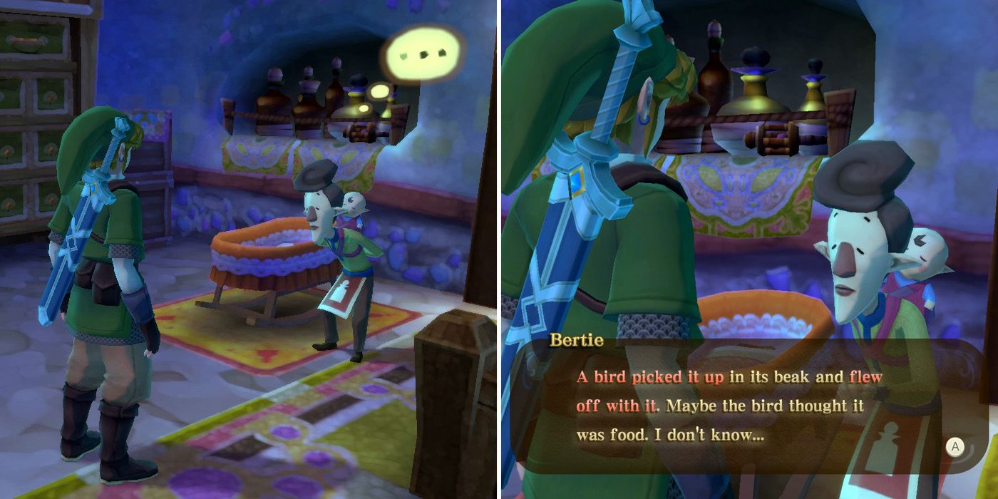 Initiating the Missing Baby Rattle side quest in The Legend of Zelda: Skyward Sword HD