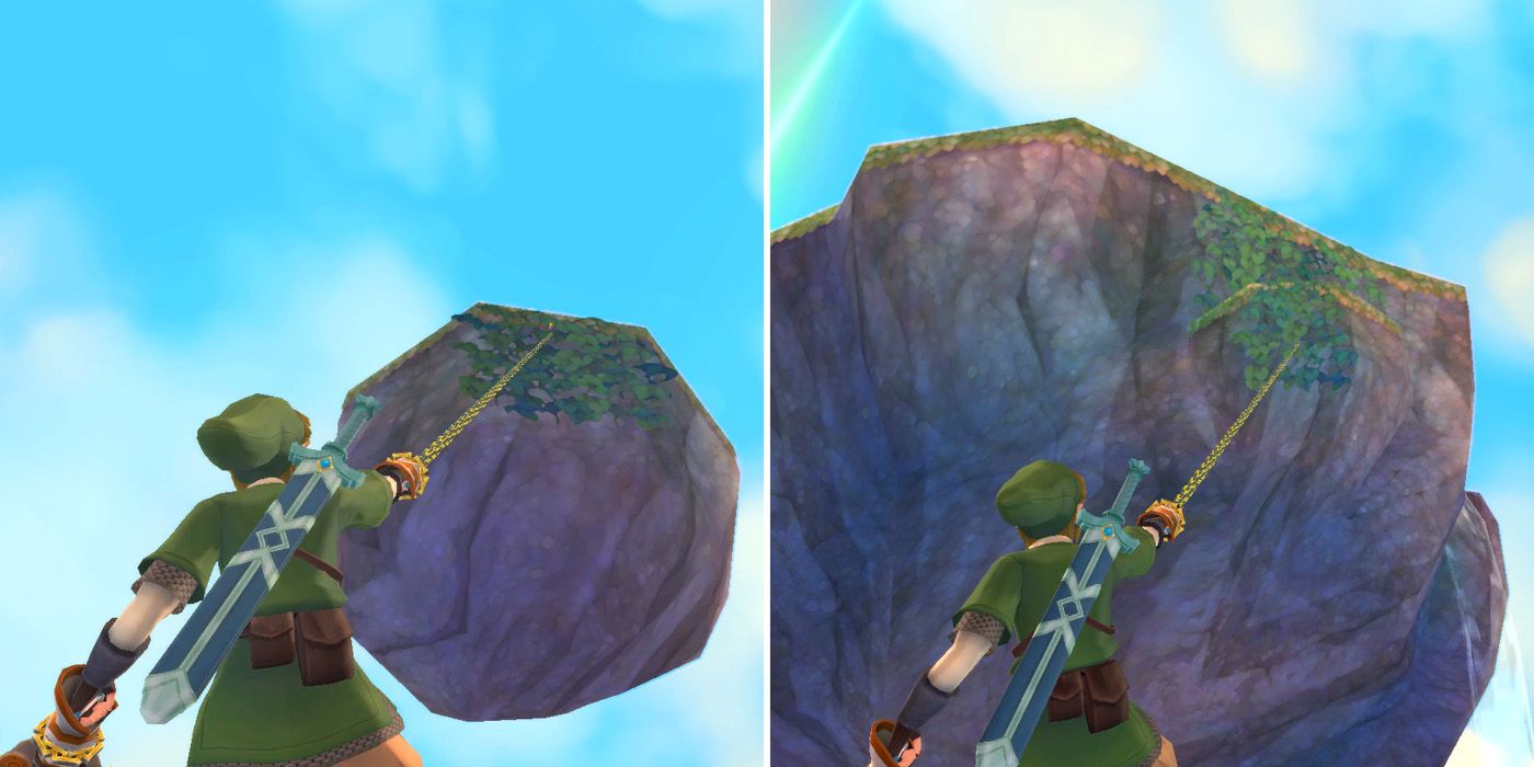 Grappling onto the floating islands in the northwest part of Skyloft during the Missing Baby Rattle side quest in The Legend of Zelda: Skyward Sword HD