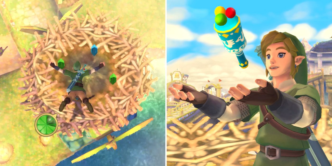 Jumping into the bird's nest as part of the Missing Baby Rattle side quest in The Legend of Zelda: Skyward Sword HD