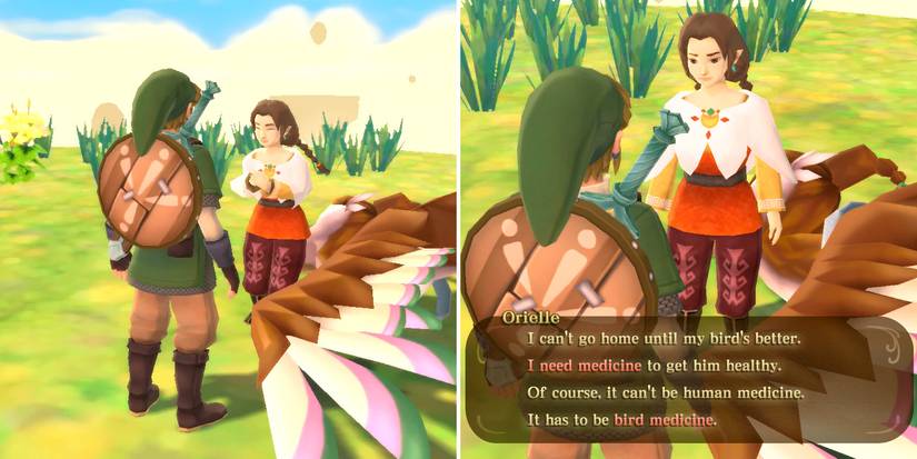 Speaking to Orielle as part of the Missing Sister side quest in The Legend of Zelda: Skyward Sword HD
