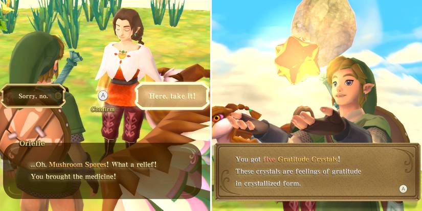 Giving the special bird medicine to Orielle as part of the Missing Sister side quest in The Legend of Zelda: Skyward Sword HD