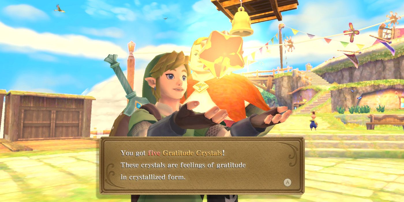 Receiving Gratitude Crystals from Parrow after completing the Missing Sister side quest in The Legend of Zelda: Skyward Sword HD