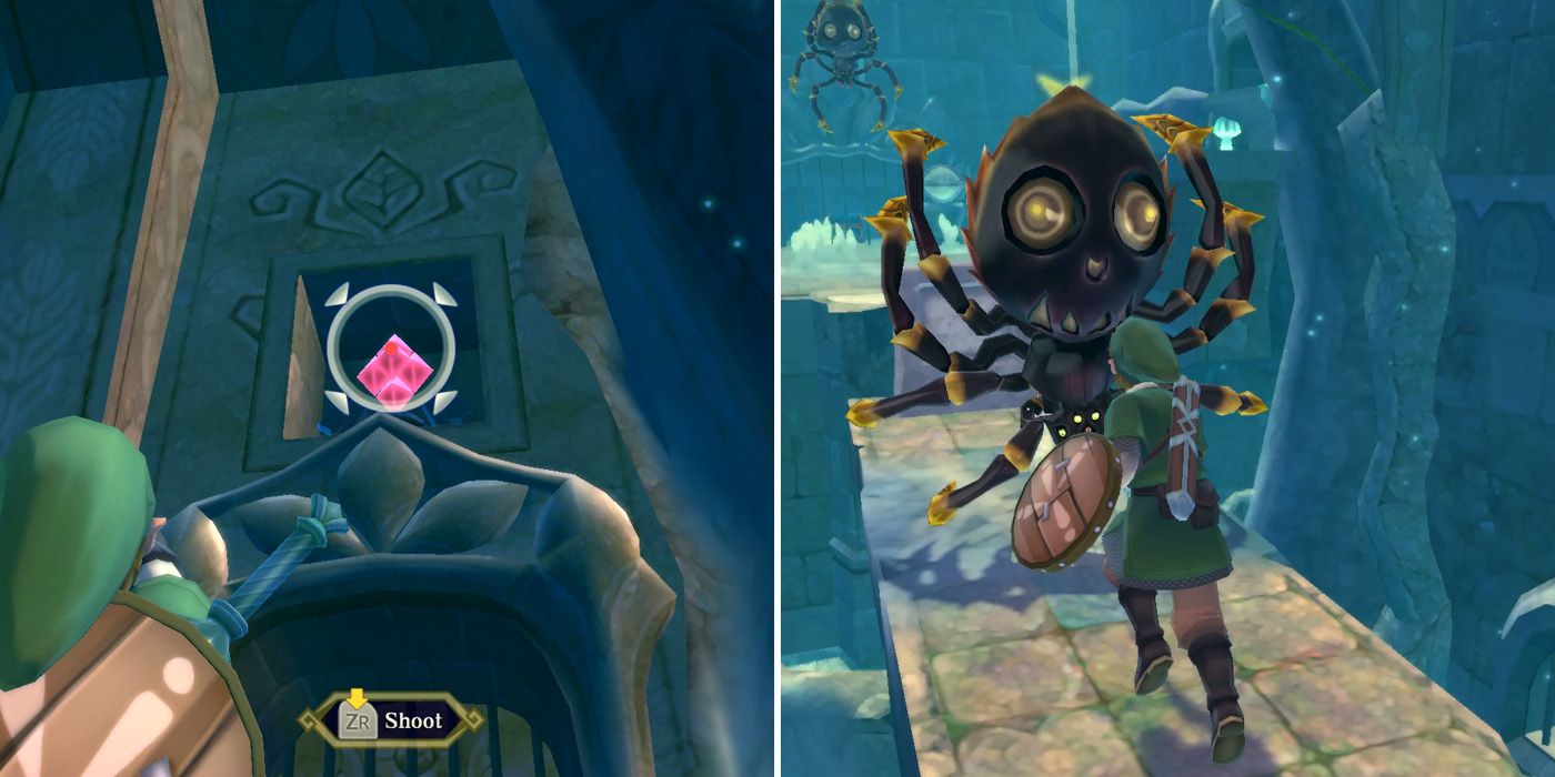 The first Skulltula that players encounter in Skyview Temple in The Legend of Zelda: Skyward Sword HD