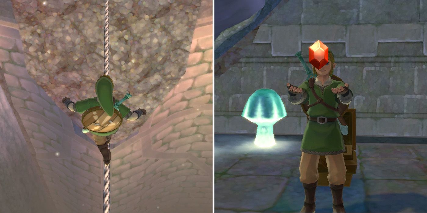 Crossing a tightrope and collecting a red Rupee in The Legend of Zelda: Skyward Sword HD