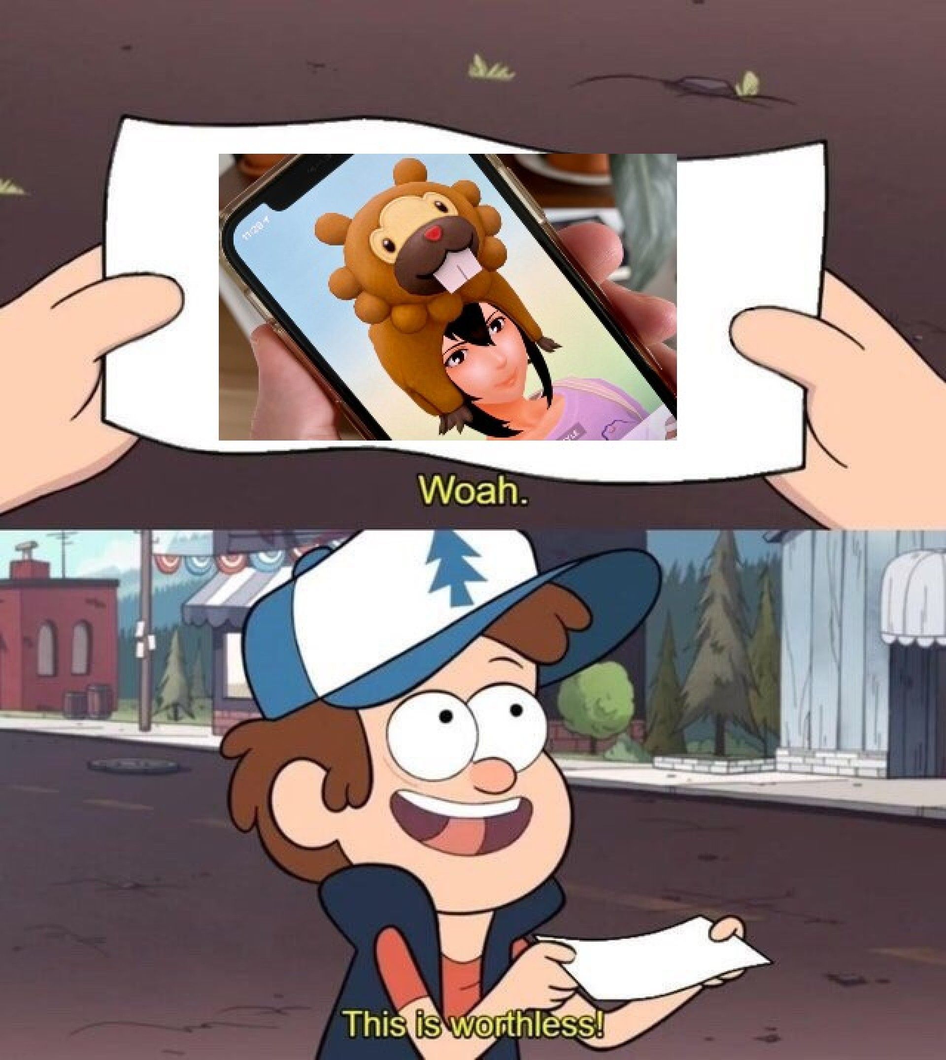 Gravity Falls "this is worthless" meme about Bidoof hat.