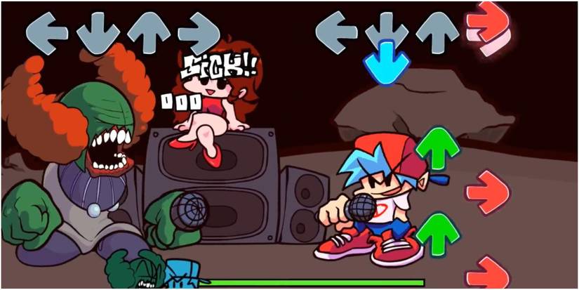 Tricky from Madness Combat battling Boyfriend in Friday Night Funkin's Vs. Tricky mod, Girlfriend in background