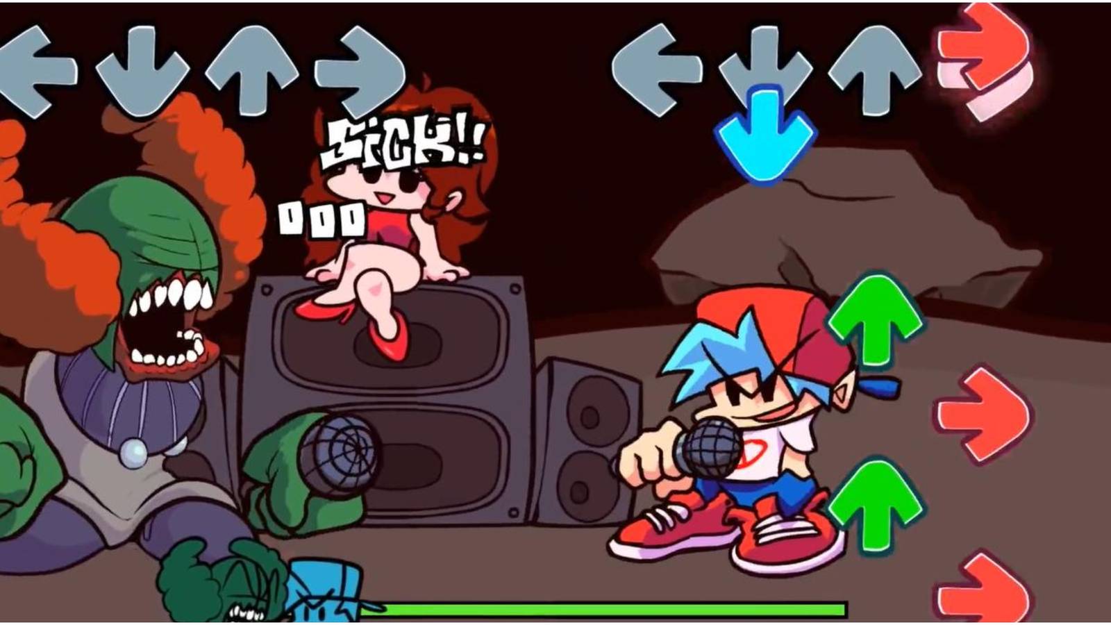 Tricky from Madness Combat battling Boyfriend in Friday Night Funkin's Vs. Tricky mod, Girlfriend in background