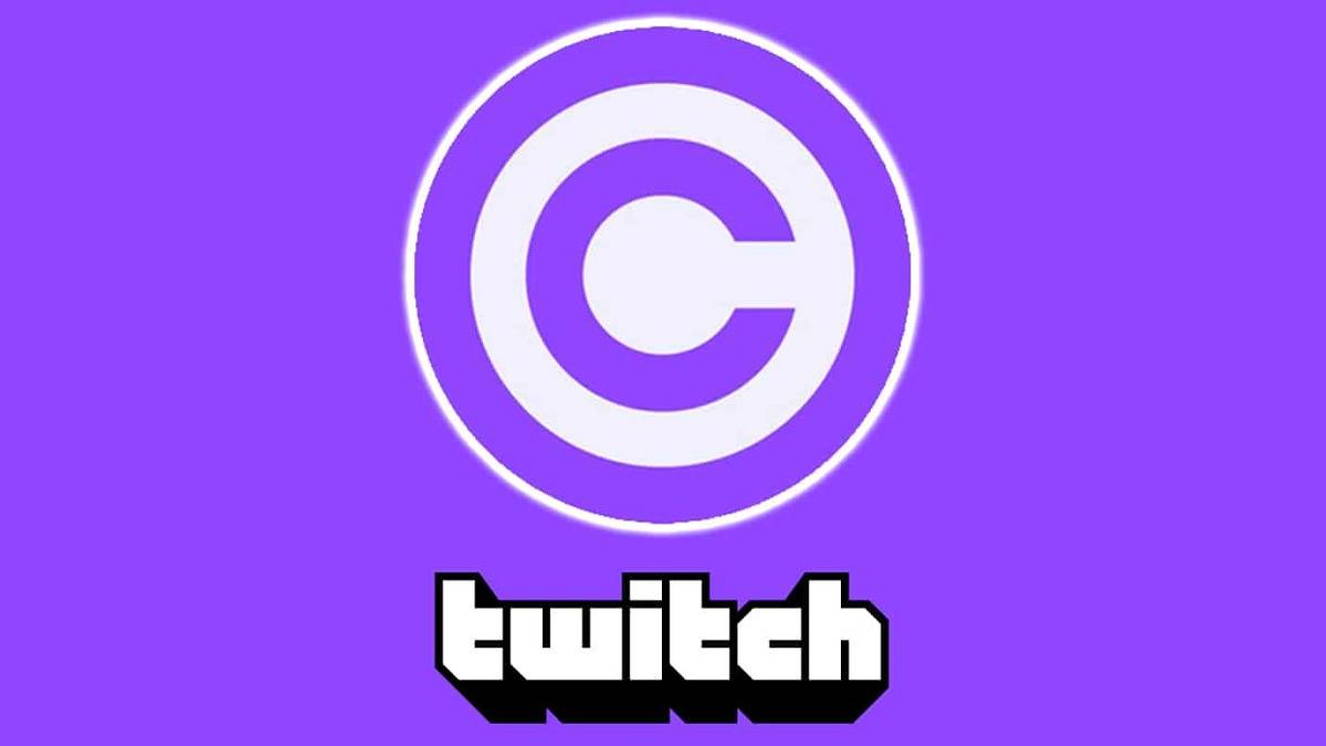 The Twitch logo under a copyright logo on a bright purple background.