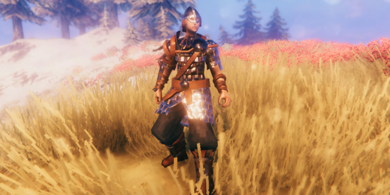 player in full armor standing in a yellow field.
