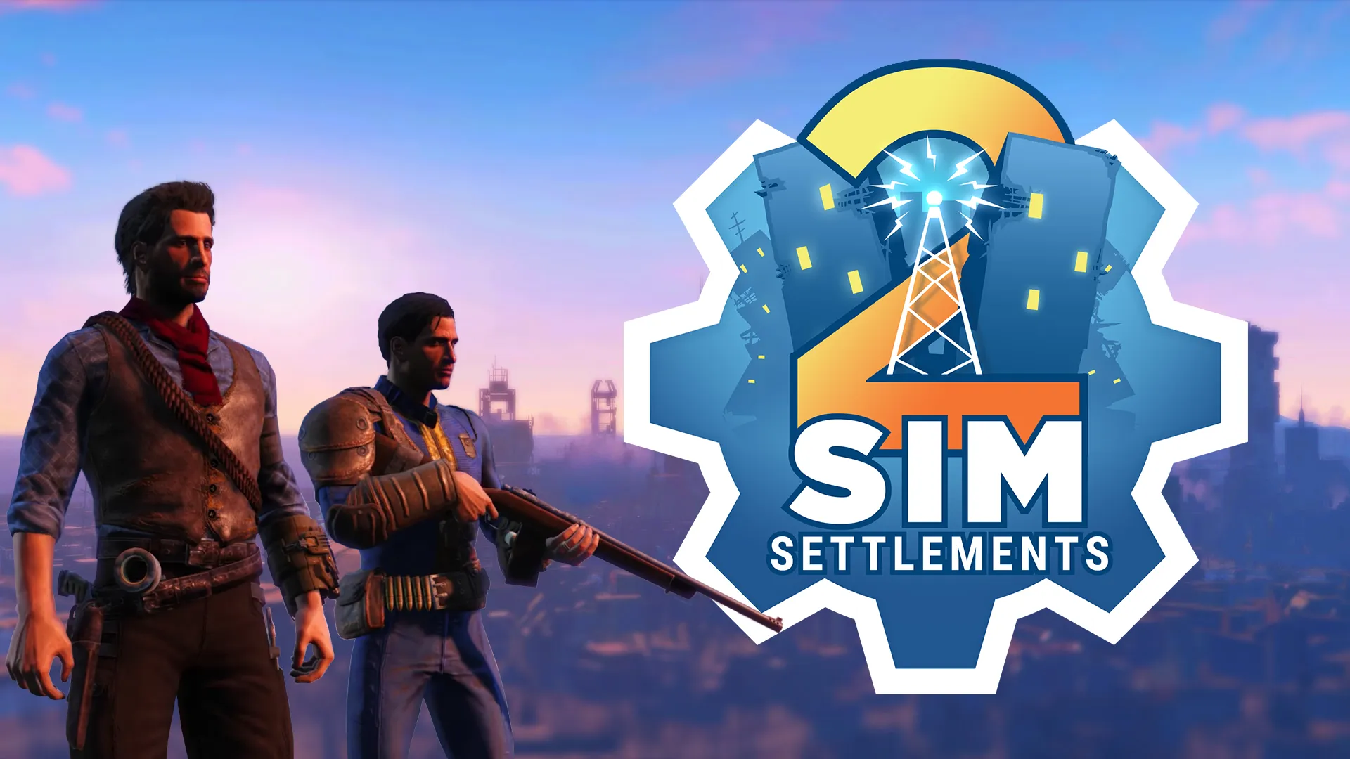 Screenshot from Fallout 4 showing the Sim Settlement's logo to one side.