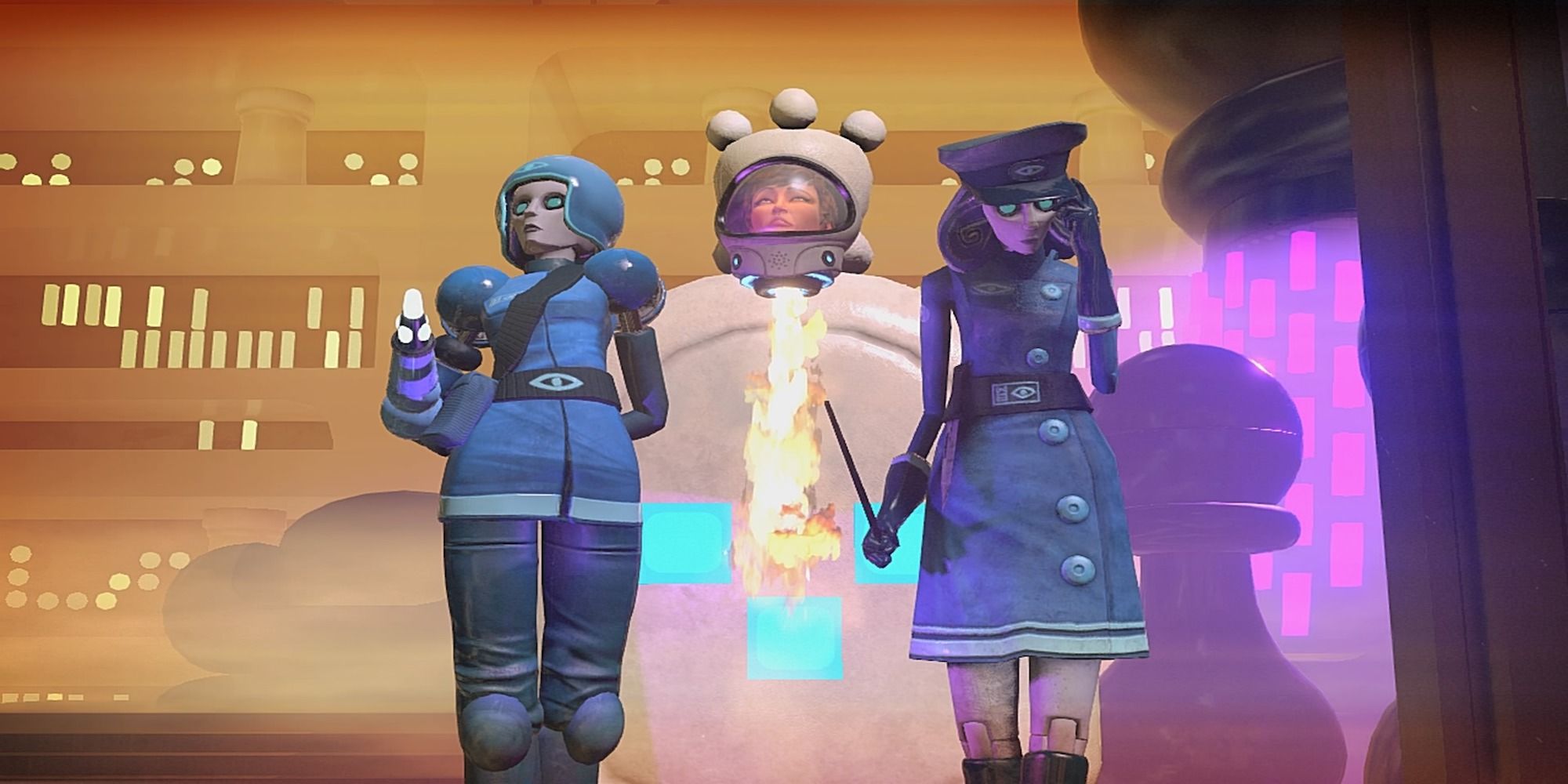 A cutscene featuring characters from Headlander