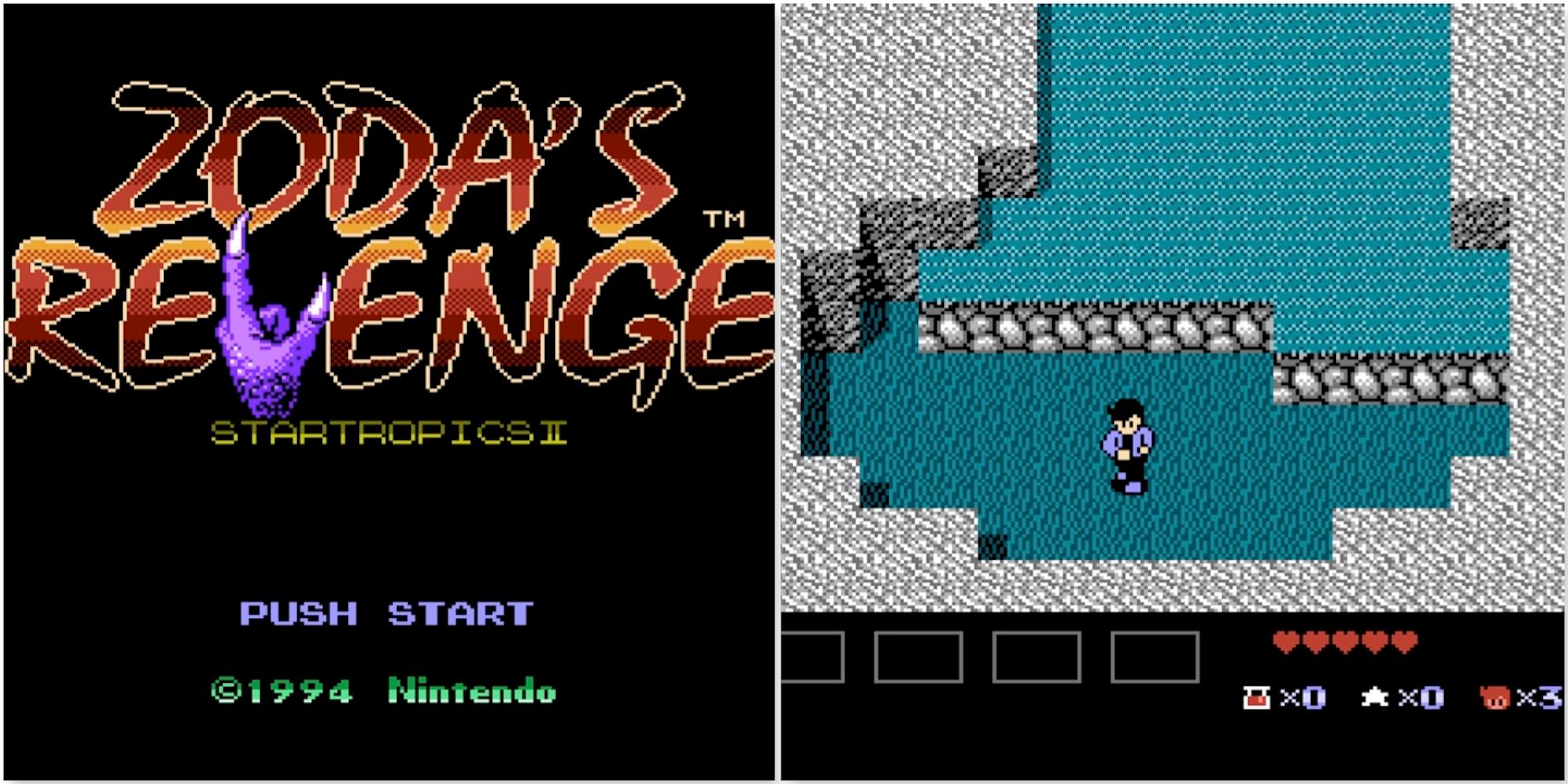 The title screen and exploring the world in StarTropics 2