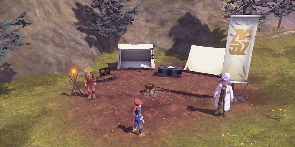 A character stands in a base camp in Pokemon Legends Arceus