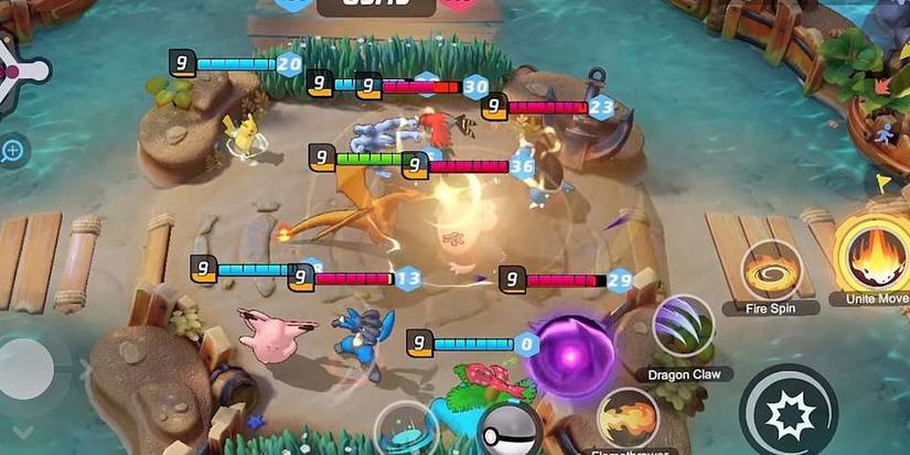 A-fight-breaking-out-in-the-mid-lane-of-Pokemon-Unite game