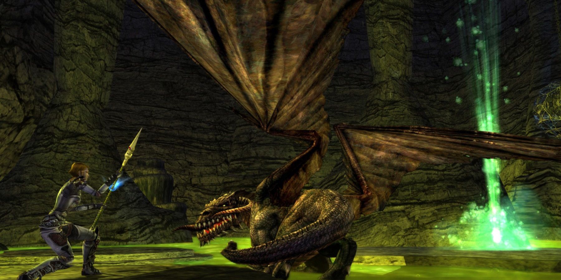A player fighting a dragon in Dungeons and Dragons Online